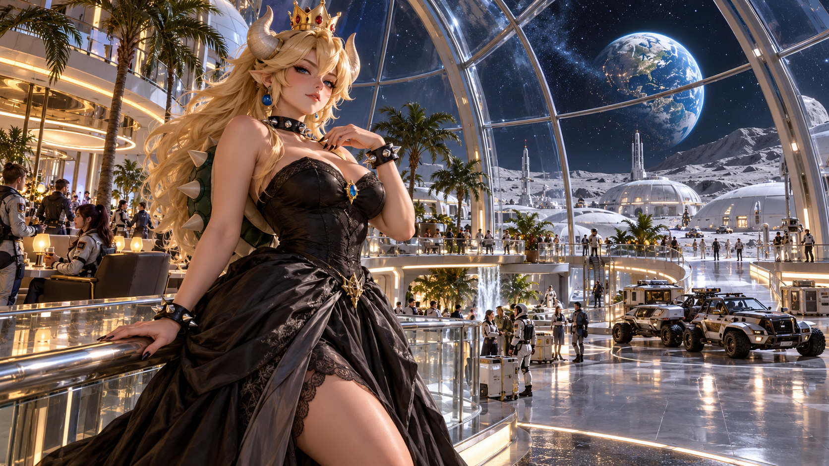 Bowsette in a black gown inside a futuristic glass moon base, surrounded by palm trees, softly focused visitors, and space buggies, with Earth above the lunar landscape.